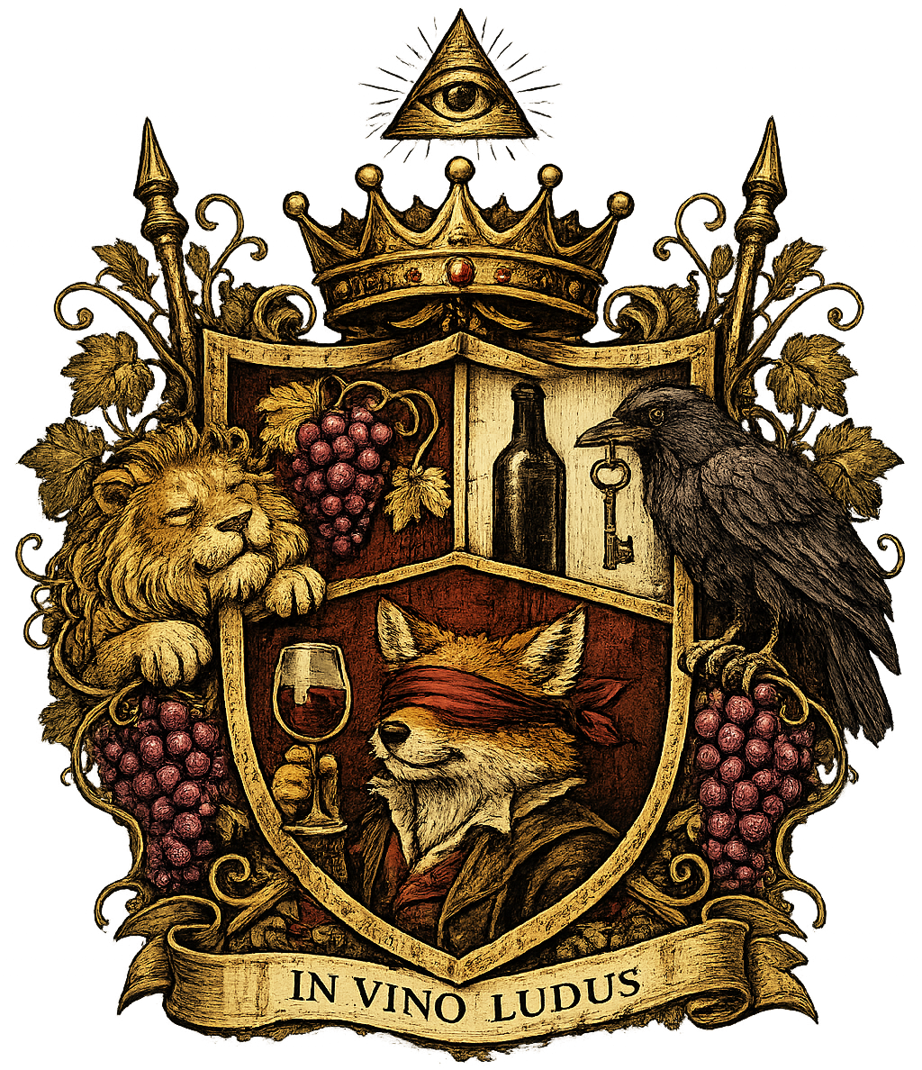 House of Winos coat of arms — a blindfolded fox holding a wine glass, flanked by a lion and raven beneath crossed corkscrews and a crown